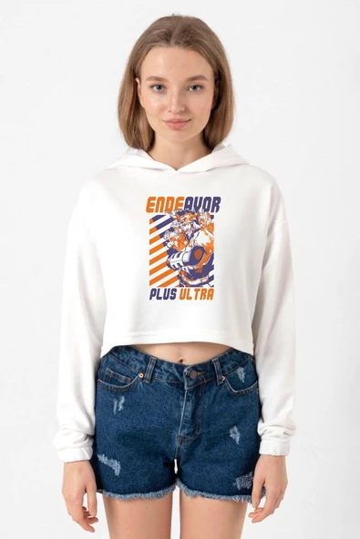 My Hero Academi Anime Endeavor Plus Ultra Ekru Kadın Crop Kapşonlu ürün görseli 1