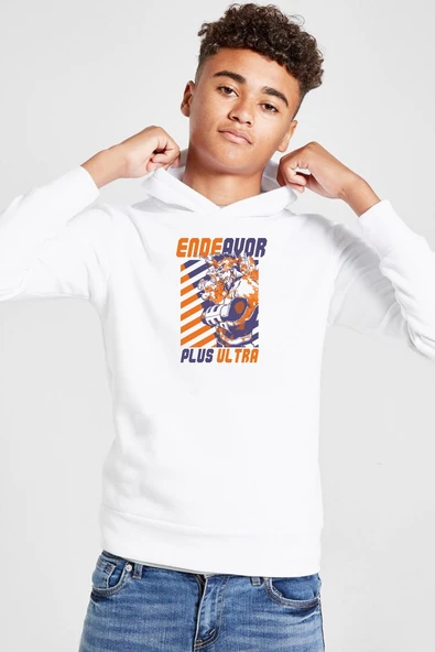 My Hero Academi Anime Endeavor Plus Ultra Beyaz Çocuk 3ip Kapşonlu  Sweatshirt ürün görseli 1