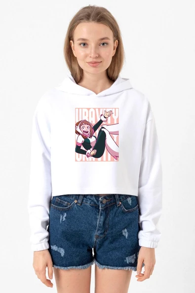 My Hero Academi Uravity Minimal Beyaz Optik Kadın Crop Kapşonlu ürün görseli 1