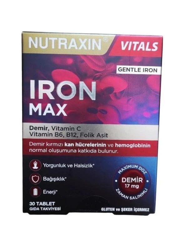 Nutraxin Iron Max Demir, Vitamin C, Vitamin B12 Içeren Takviye Edici Gıda 30 Tablet ürün görseli 1