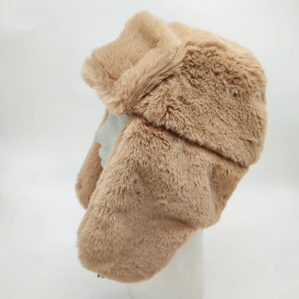 Pilot Model Peluş Kumaş Kadın Şapka Taba Renk - Resim 6