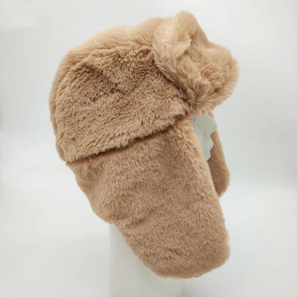Pilot Model Peluş Kumaş Kadın Şapka Taba Renk - Resim 3