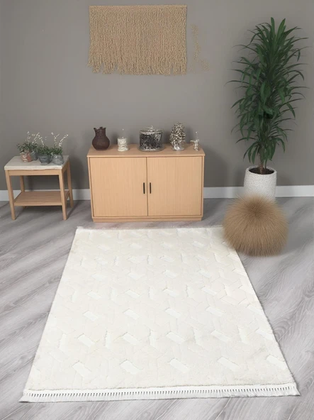 Lara Bukleli Desenli Yumuşacık Peluş Halı Salon Oturma Odası Mutfak Koridor Halısı 9401A Krem ürün görseli 1