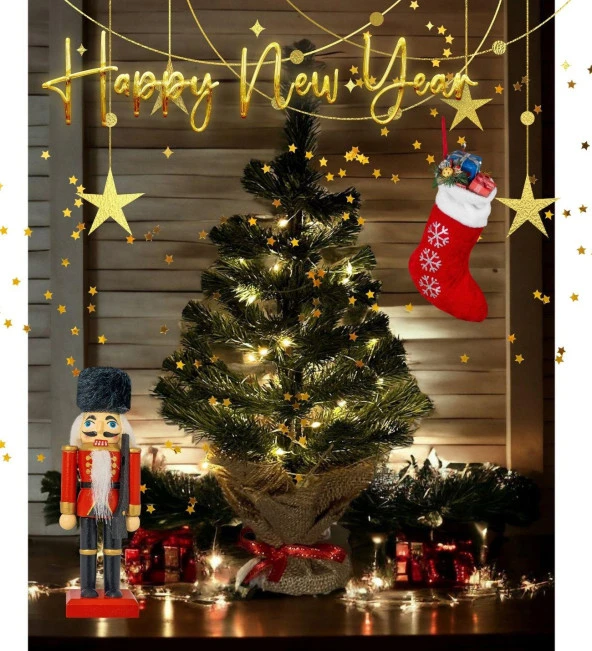 Işıklı Yılbaşı Çam Ağacı Kütük Tabanlı Jüt Ipli Masaüstü Yeni Yıl Noel Ağacı ürün görseli 1