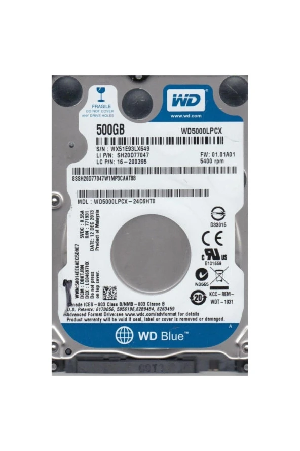 Western Digital Blue WD5000LPCX SATA 3.0 5400 RPM 2.5" 500 GB Harddisk ürün görseli 1