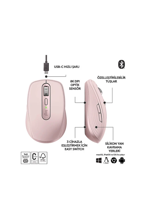 logitech  MX Anywhere 3S Kompakt 8000 DPI Optik Sensörlü Sessiz Bluetooth Kablosuz Mouse - Pembe ürün görseli 1