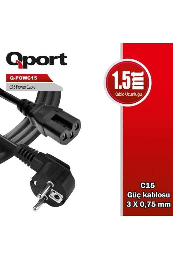 Qport  Q-POWC15 1.5m C15 Güç Kablosu ürün görseli 1