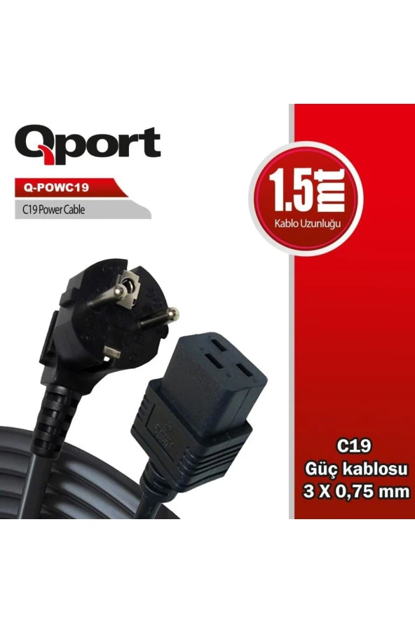 Qport  Q-POWC19 1.5m C19 Güç Kablosu ürün görseli 1