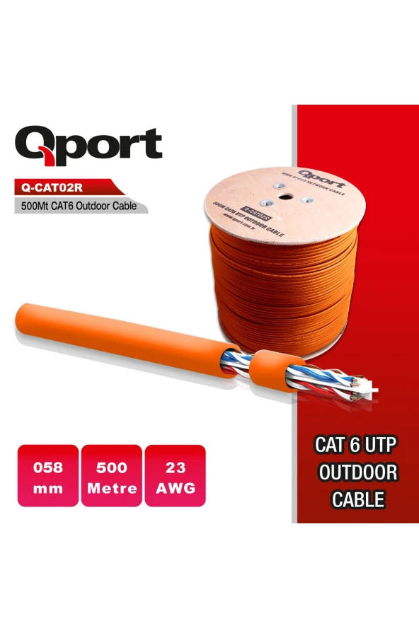 QPORT CAT6 Utp 23AWG Turuncu 500m Outdoor Makaralı Kablo Q-CATO2R ürün görseli 1