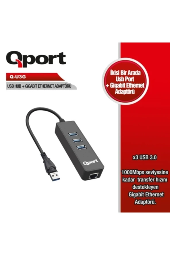 Qport  Q-u3g 3xusb 3.0 Çoklayıcı+gig. Ethernet Adap ürün görseli 1