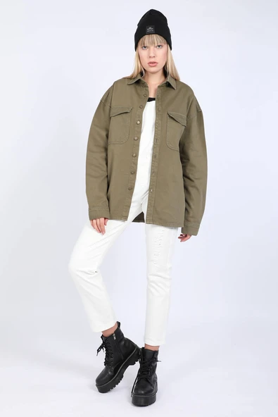 Kadın Oversize Jean Gömlek Haki - Resim 7