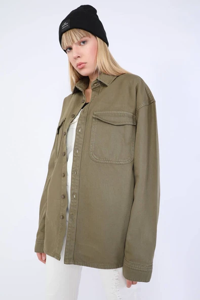 Kadın Oversize Jean Gömlek Haki - Resim 5