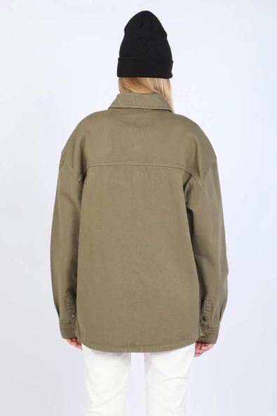 Kadın Oversize Jean Gömlek Haki - Resim 9