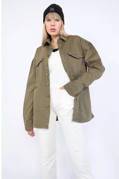 Kadın Oversize Jean Gömlek Haki - Resim 6