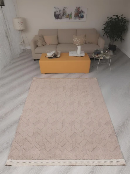 Lara Bukleli Desenli Yumuşacık Peluş Halı Salon Oturma Odası Mutfak Koridor Halısı 9401C Vizon ürün görseli 1