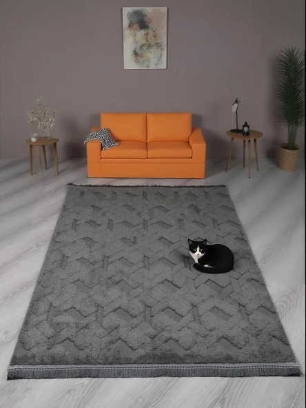 Lara Bukleli Desenli Yumuşacık Peluş Halı Salon Oturma Odası Mutfak Koridor Halısı 9401D Antrasit ürün görseli 1