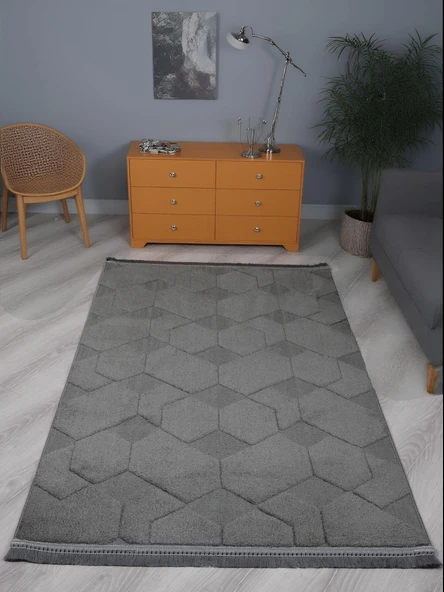 Lara Bukleli Desenli Yumuşacık Peluş Halı Salon Oturma Odası Mutfak Koridor Halısı 9400D Antrasit ürün görseli 1