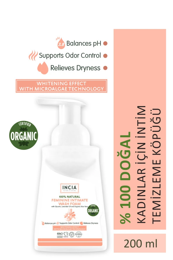 INCIA %100 Doğal İntim Yıkama Köpüğü Ph 3.8 Beyazlatma Etkili ve Koku Önleyici Vegan 200 ml ürün görseli 1