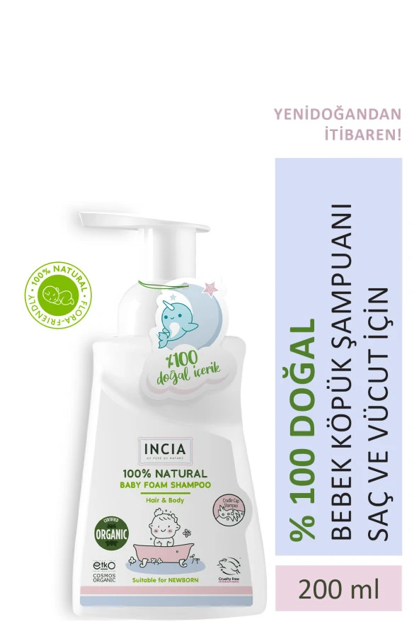 INCIA %100 Doğal Organik Sertifikalı Bebek Köpük Şampuanı Saç Vücut Lavanta Konak Önleyici Yenidoğan 200 ml ürün görseli 1