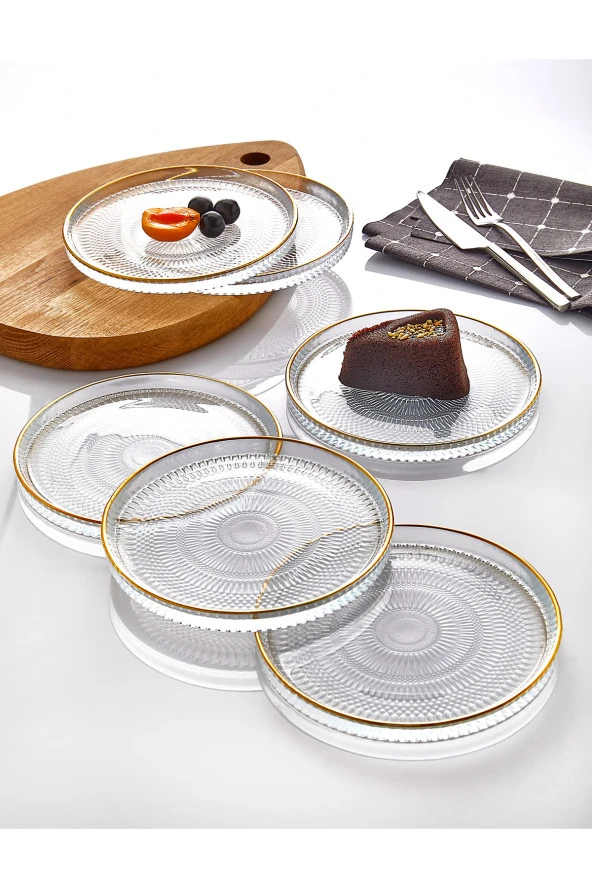 6' lı Cam Kek Pasta Tabağı Seti - Yaldızlı Lüks Pasta Takımı(16CM) ürün görseli 1