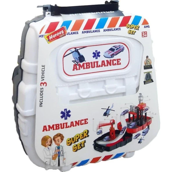 Heroes Toys Çantalı Ambulans Seti Arabalı ERN-2016 Beyaz,Sırt Çantalı Taşınabilir Oyuncak Ambulans Garaj Seti ürün görseli 1