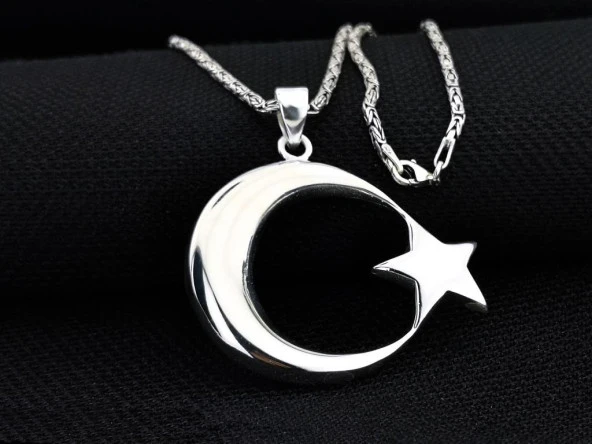 Büyük Boy Şanlı Ay Yıldızımız Tasarımlı Kral Zincirli 925 Ayar Gümüş Kolye ürün görseli 1