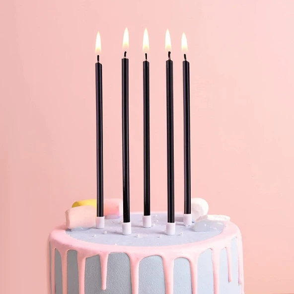 12 ADET SİYAH PASTA MUMU SİYAH DOĞUM GÜNÜ MUMU SİYAH UZUN MUM SİYAH İNCE MUM SİYAH MUM CHURCH BLACK CANDLES ürün görseli 1
