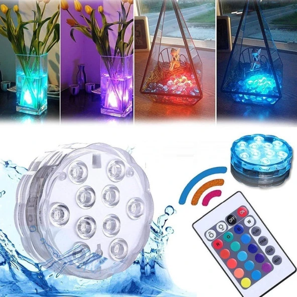 SUBMERSİBLE LED LİGHT IP68 REMOTE CONTROL 16 COLORS SU GEÇİRMEZ KUMANDALI IŞIKLI BARDAK ALTLIĞI RGB ürün görseli 1