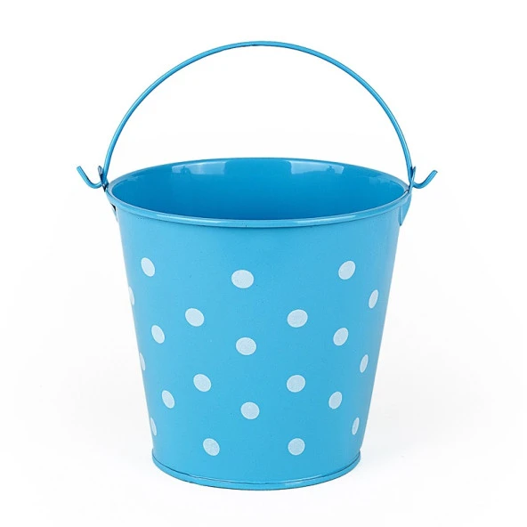 DECORATIVE PAİL DEKORATİF SAPLI METAL KOVA MAVİ KOVA MAVİ PUANTİYELİ KOVA KALEMLİK SAKSI MAKYAJ KOVASI ürün görseli 1