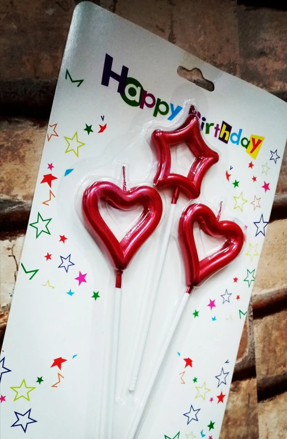 RED HEART CANDLE 2 ADET METALİK KIRMIZI KALPLİ PASTA MUMU 1 ADET YILDIZ MUM KALPLİ DOĞUM GÜNÜ MUMU ürün görseli 1