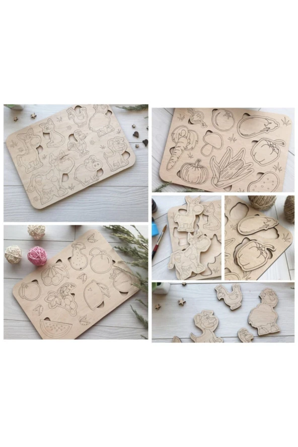 Montessori Boyanabilir 3lü Puzzle Seti Hayvanlar Meyveler Ve Sebzeler Doğal Ahşap ürün görseli 1