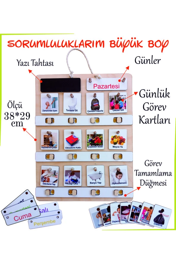 Montessori Büyük Boy Sorumluluk Alma Beceri Ve Görev Tablosu Günlük Rutinim ürün görseli 1