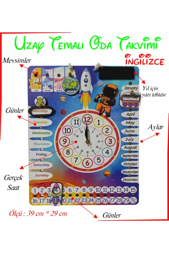 Çocuk Odası Ingilizce Gezegen Temalı Gerçek Saatli Duvar Takvimi ürün görseli 1