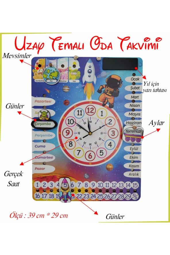 Çocuk Odası Gezegen Temalı Gerçek Saatli Duvar Takvimi ürün görseli 1