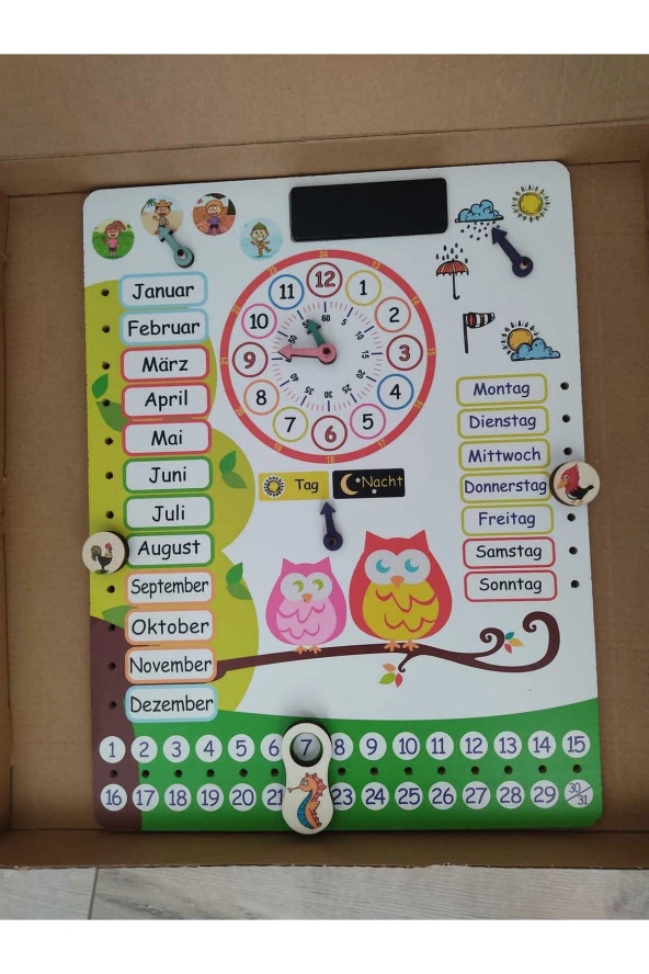Montessori Almanca Ahşap Saatli Eğitici Takvim Günler, Aylar, Mevsimler, Hava Durumu, Rakamlar ürün görseli 1