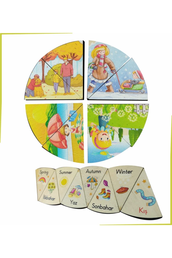 Türkçe Ingilizce Mevsimler Ve Özelliklerini Öğreniyorum Ahşap Renkli Çift Taraflı Yapboz Puzzle ürün görseli 1