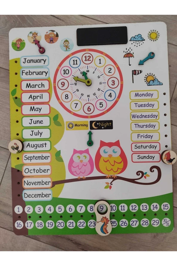 Montessori Ingilizce Ahşap Saatli Eğitici Takvim Günler, Aylar, Mevsimler, Hava Durumu, Rakamlar ürün görseli 1