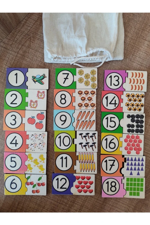 Montessori Renkli Sayı Ve Miktarları Eşleştirme Ahşap Puzzle 18 Rakam ürün görseli 1