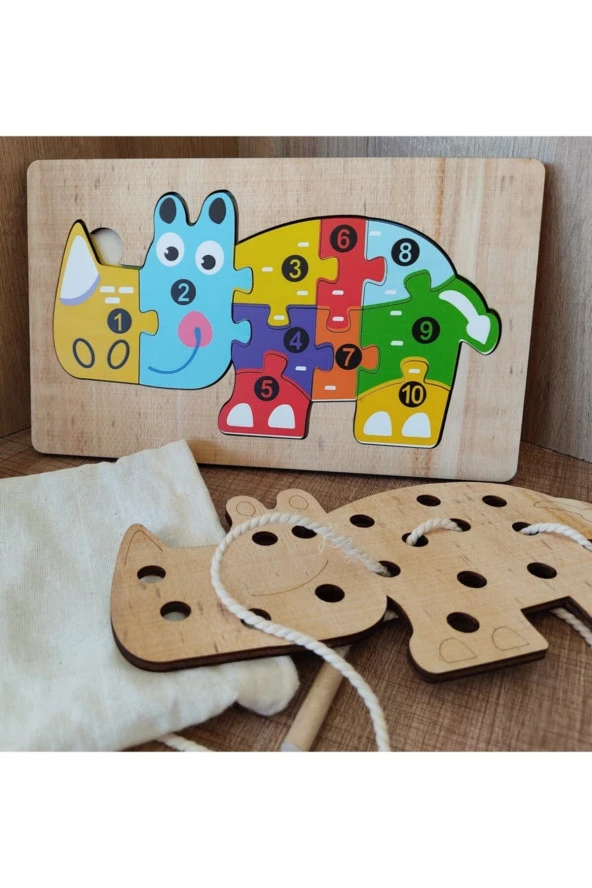 Gergedan Modelli 2 Parça Ip Geçirmeli Ve Renkli Sayıları Öğreniyorum Ahşap Puzzle ürün görseli 1