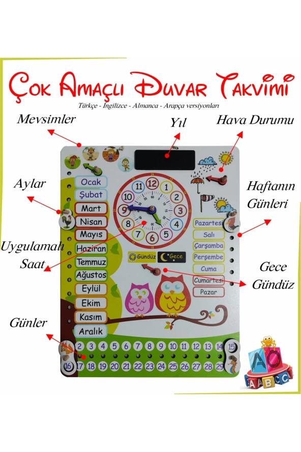 Montessori Ahşap Saatli Eğitici Takvim Günler, Aylar, Mevsimler, Hava Durumu, Rakamlar ürün görseli 1