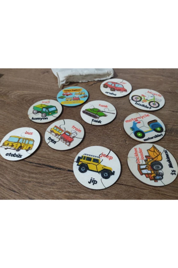 Türkçe Ingilizce Kara Araçları Ahşap Renkli Puzzle 9 Araç 27 Parça ürün görseli 1