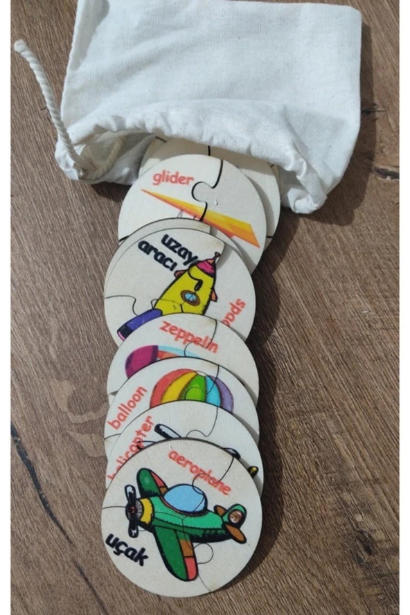 Türkçe Ingilizce Hava Taşıtları Ahşap Renkli Puzzle 9 Araç 27 Parça ürün görseli 1