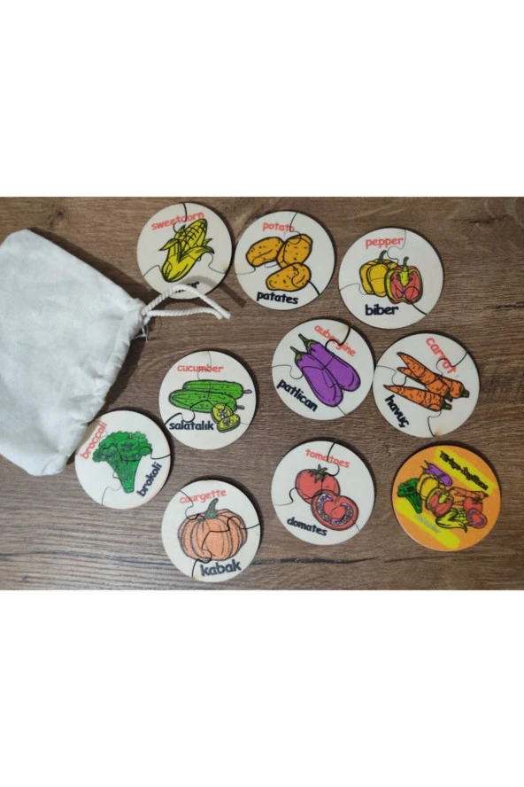 Türkçe Ingilizce Sebzeler Ahşap Renkli Puzzle 9 Sebze 27 Parça ürün görseli 1