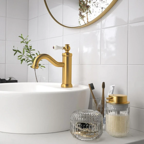3 Lü Banyo Sabunluk Seti SILVTJÄRN Gold Renk-Cam MeridyenDukkan Sıvı Sabunluk-Diş Fırçalık-Cam Kutu ürün görseli 1