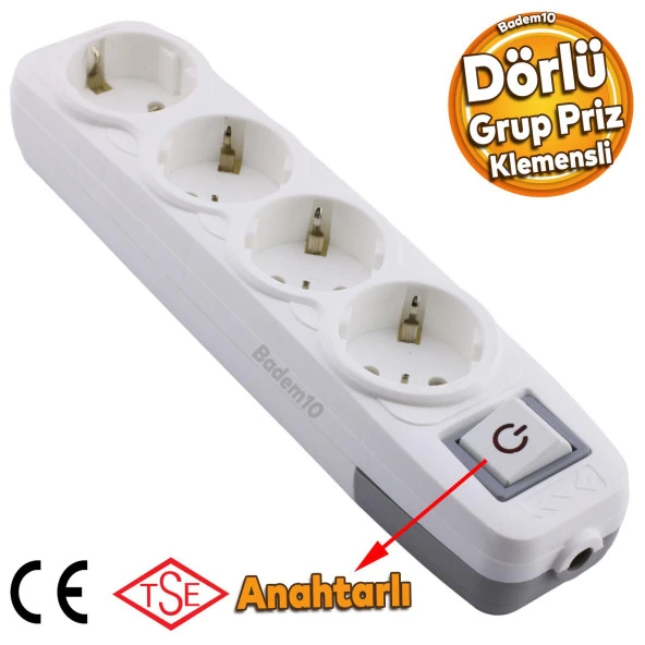 4lü Grup Priz Anahtarlı Klemensli Fiş Priz Topraklı Çoklu Grup Priz Çoğaltıcı Dörtlü Kablosuz ürün görseli 1