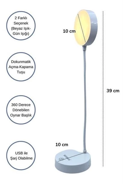 Yuvarlak USBli Dokunmatik 3 Kademeli 360 Derece  Özel Göz Korumalı Led Lityum Masa Lambası ürün görseli 1