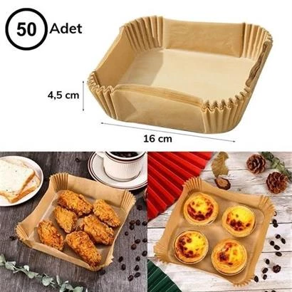Air Fryer Pişirme Kağıdı Hava Fritöz Yağ Geçirmez Yapışmaz Kare Tabak Model 50 Adet ürün görseli 1