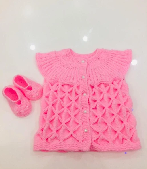 Örgü Pembe Kız Bebek Yelek Takımı ürün görseli 1