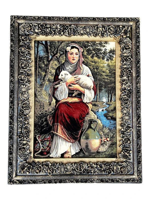 Anasının Kuzusu Adlı İran Tebriz Halı Tablo 94x76cm Mavi - Duvar Halı Kilim Tablo ürün görseli 1