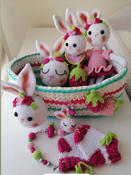 Yenidoğan Sevimli Tavşan Sepetli Takım Amigurumi Organik Oyuncak ürün görseli 1